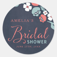 Bluish Chalkboard Floral Bridal Shower Classic Round Sticker