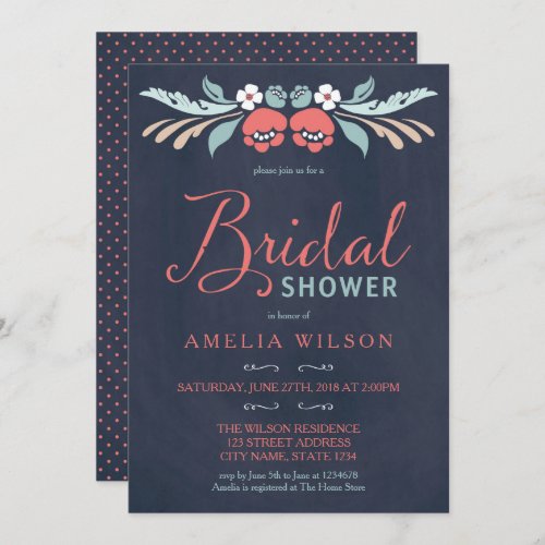 Bluish Chalkboard Floral Bridal Shower Invitation