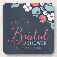 Bluish Chalkboard Floral Bridal Shower Square Coaster