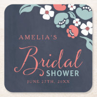 Bluish Chalkboard Floral Bridal Shower Square Square Paper Coaster