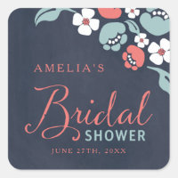 Bluish Chalkboard Floral Bridal Shower Square Sticker