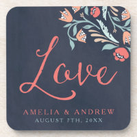 Bluish Chalkboard Floral Love Wedding Drink Coaster