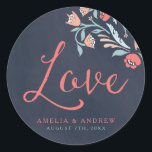 Bluish Chalkboard Floral Love Wedding Round Classic Round Sticker<br><div class="desc">This wedding Love round sticker features beautiful floral against a bluish chalkboard background with the word "Love" in modern script font. Use it to seal your Wedding envelopes or for decoration. Check out the Wedding Invitation and other matching wedding items in my collection here -> http://www.zazzle.com/collections/bluish_chalkboard_floral_bridal_and_wedding-119872540777216768?rf=238364477188679314 Personalize it with your...</div>