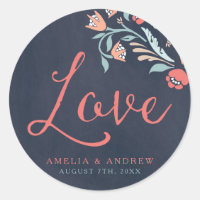 Bluish Chalkboard Floral Love Wedding Round Classic Round Sticker