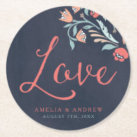 Bluish Chalkboard Floral Love Wedding Round Paper Coaster