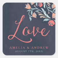 Bluish Chalkboard Floral Love Wedding Square Sticker