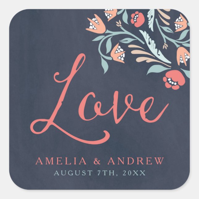 Bluish Chalkboard Floral Love Wedding Square Sticker (Front)