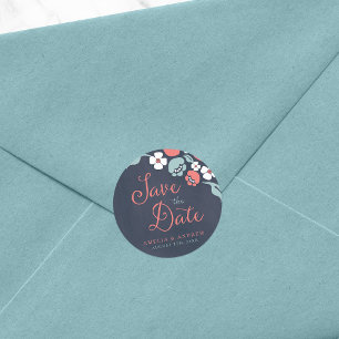 Bluish Chalkboard Floral Save the Date Classic Round Sticker