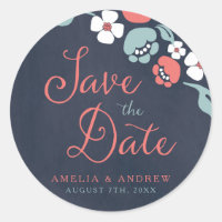 Bluish Chalkboard Floral Save the Date Classic Round Sticker