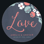 Bluish Chalkboard Floral Save the Date Love Classic Round Sticker<br><div class="desc">This Love round sticker features beautiful floral against a bluish chalkboard background, with the word "Love" in modern script font. Use it to seal your Save the Date envelopes or for decoration. Check out other matching Wedding/Bridal items in my collection here -> http://www.zazzle.com/collections/bluish_chalkboard_floral_bridal_and_wedding-119872540777216768?rf=238364477188679314 Personalize it with your details by replacing...</div>