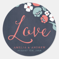 Bluish Chalkboard Floral Save the Date Love Classic Round Sticker