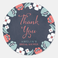 Bluish Chalkboard Floral Thank You Classic Round Sticker