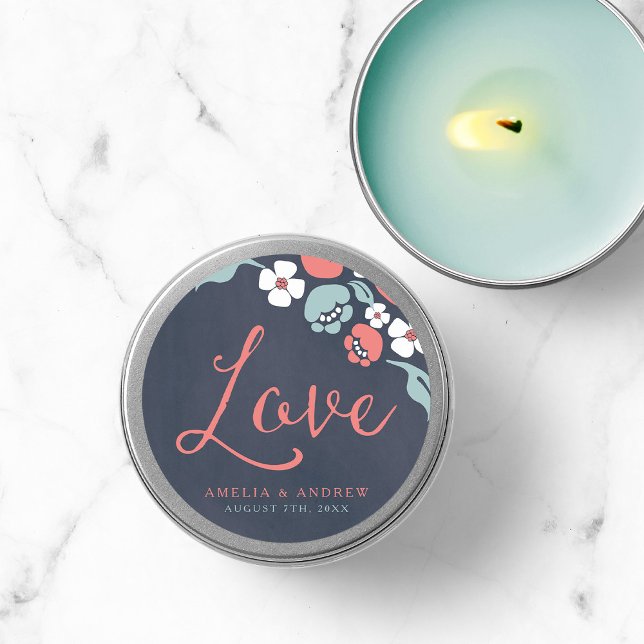 Bluish Chalkboard Floral Wedding Love Classic Round Sticker (Creator Uploaded)