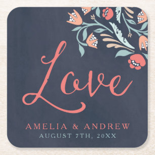 Bluish Chalkboard Floral Wedding Love Square Paper Coaster