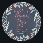 Bluish Chalkboard Floral Wedding Thank You Classic Round Sticker<br><div class="desc">This Thank You round sticker features beautiful floral against a bluish chalkboard background with the word "Thank You" in modern script font. Use it to seal your Wedding favor gifts or for decoration. Check out the Wedding Invitation and other matching wedding items in my collection here -> http://www.zazzle.com/collections/bluish_chalkboard_floral_bridal_and_wedding-119872540777216768?rf=238364477188679314 Personalize it...</div>