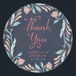 Bluish Chalkboard Floral Wedding Thank You Classic Round Sticker<br><div class="desc">This Thank You round sticker features beautiful floral against a bluish chalkboard background with the word "Thank You" in modern script font. Use it to seal your Wedding favor gifts or for decoration. Check out the Wedding Invitation and other matching wedding items in my collection here -> http://www.zazzle.com/collections/bluish_chalkboard_floral_bridal_and_wedding-119872540777216768?rf=238364477188679314 Personalize it...</div>