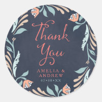 Bluish Chalkboard Floral Wedding Thank You Classic Round Sticker
