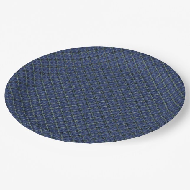 Bluish checkered square with pixelated dots paper plates (Angled)