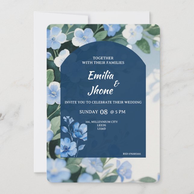 Bluish Floral Romantic Wedding Card (Front)