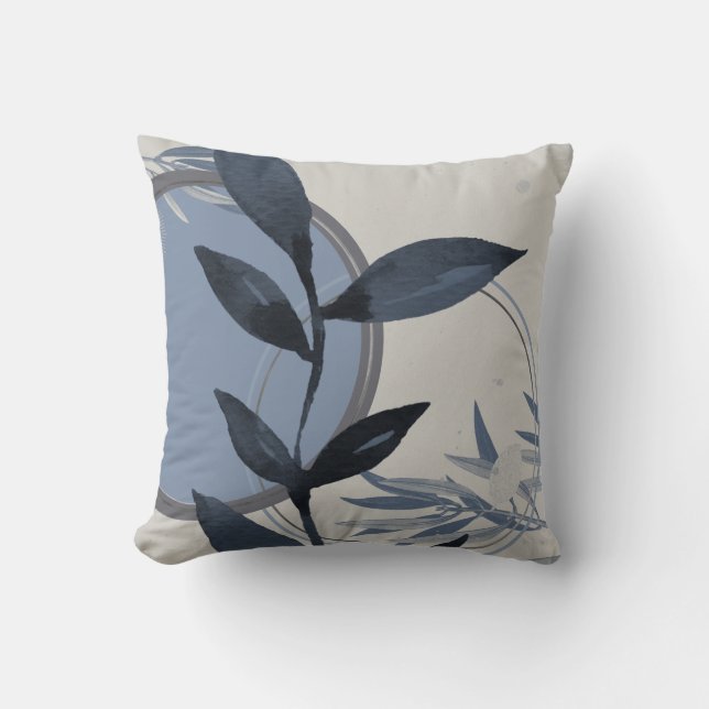 Bluish Gray Abstract Watercolor Leaf Throw Pillow (Front)