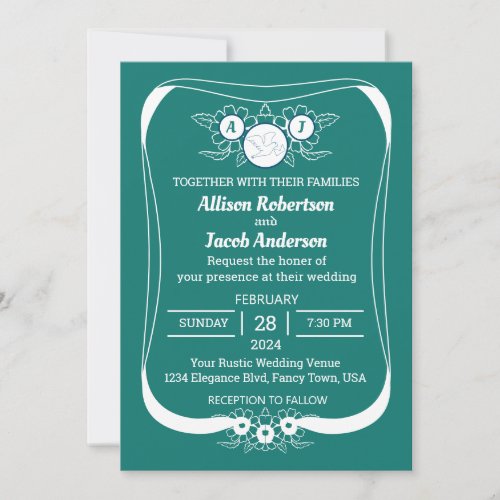 Bluish green  white Bright and bold wedding Invitation