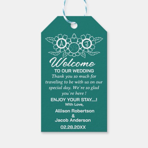 Bluish Green  White Wedding Favor Tag