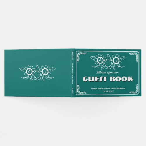 Bluish Green  White Wedding Guest Book