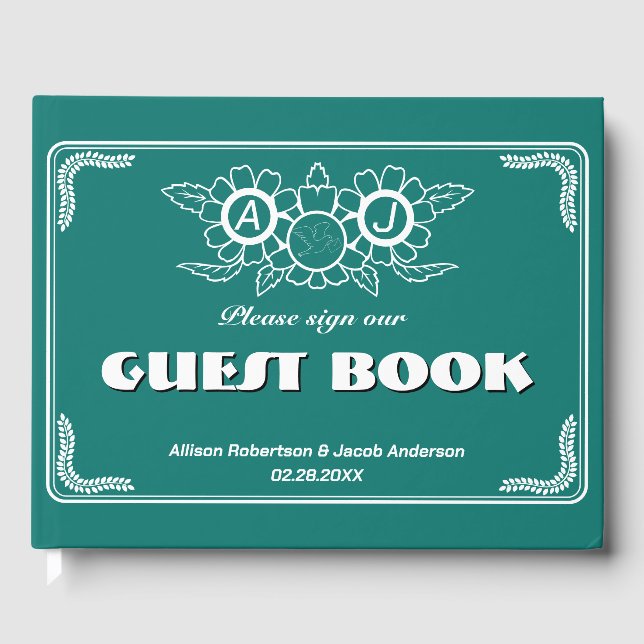 Bluish Green & White Wedding Guest Book (Front)