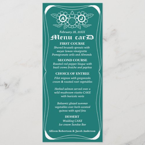 Bluish Green  White Wedding Menu Card