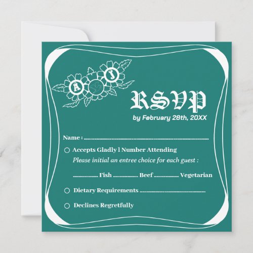 Bluish Green  White wedding RSVP Card