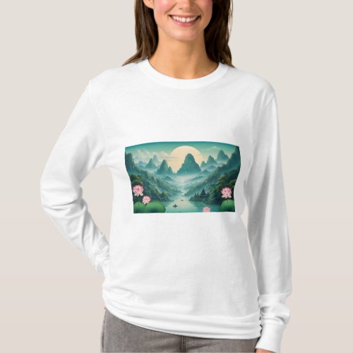 bluish landscape with green forest mountains  T_Shirt