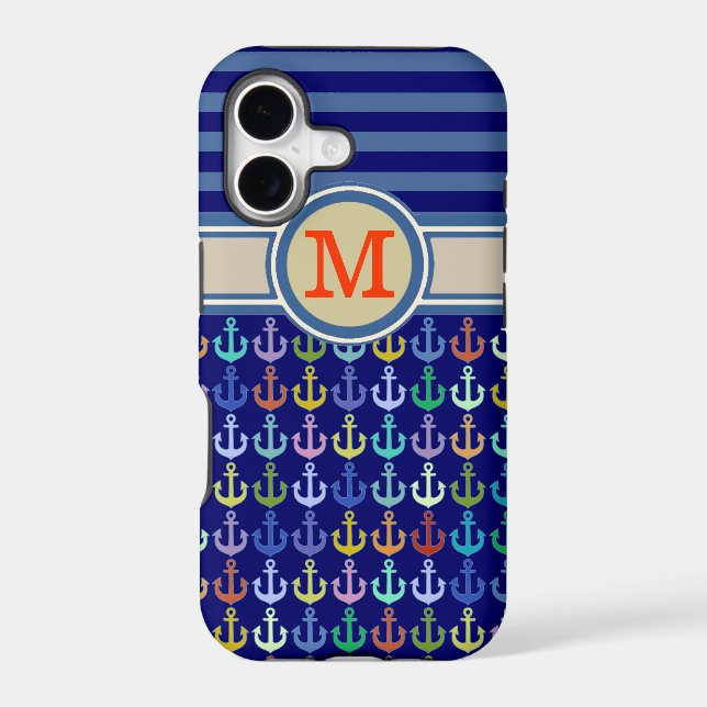 Bluish Monogram, anchors & stripes Iphone Case (Back)