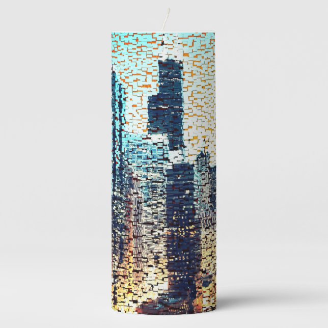 Bluish mosaic of large built city pillar candle (Front)