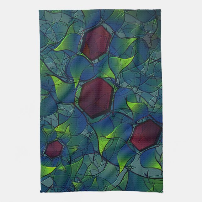 Bluish notched virtual leafy with dark red hexagon kitchen towel (Vertical)