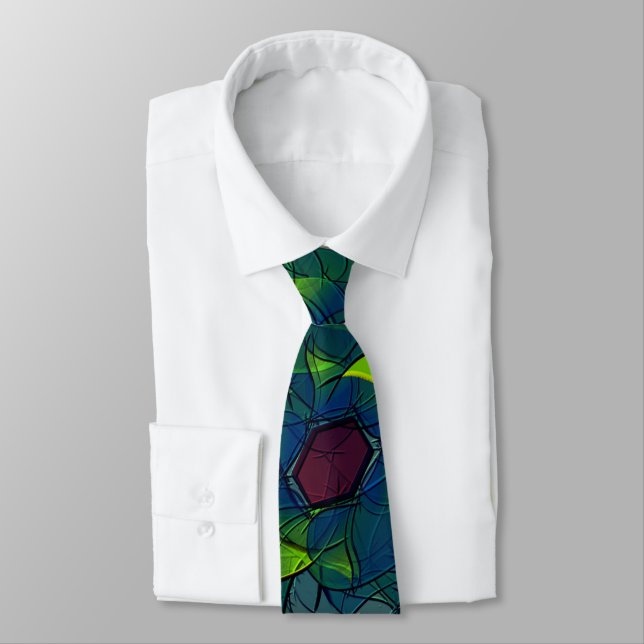 Bluish notched virtual leafy with dark red hexagon neck tie (Tied)