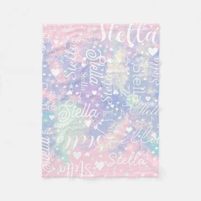 Bluish Pink Watercolor Hearts, Stars and Music  Fleece Blanket (Front)
