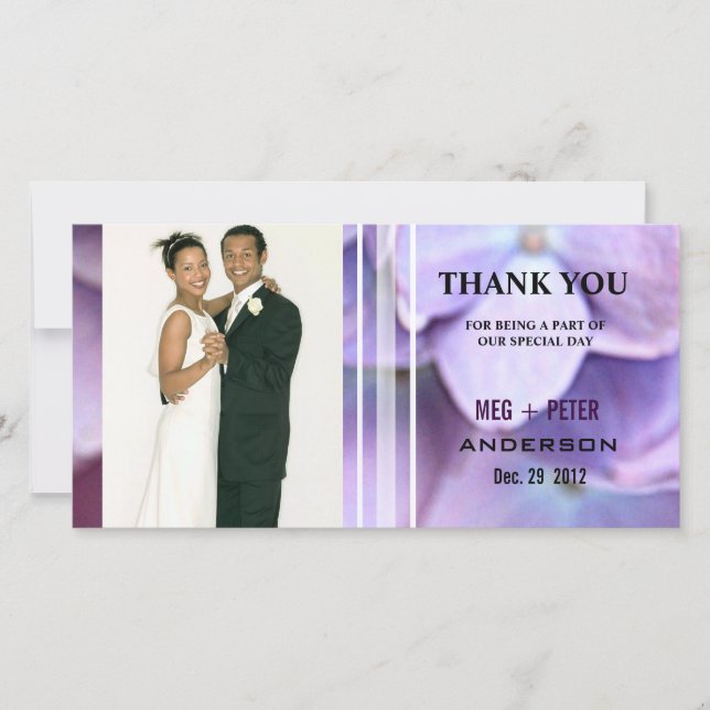 ©Bluish Purple Hydrangea Wedding Photo Thank You Card (Front)