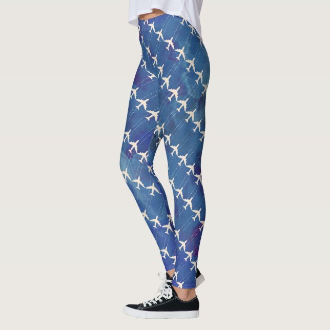 bluish watercolor with airplanes pattern leggings (Left)