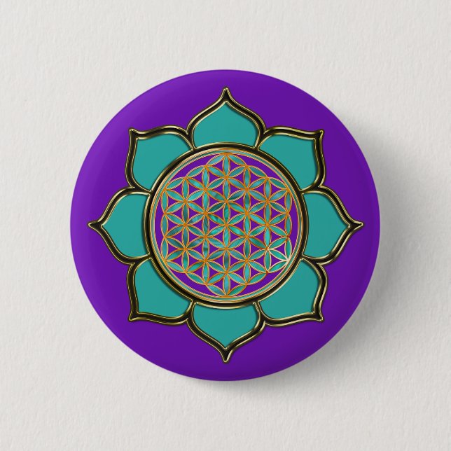 Blume des Lebens Lotus - türkis / purple Pinback Button (Front)