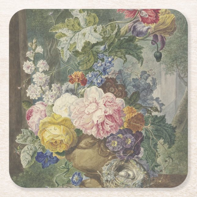 Blumenstrauß in einer Vase mit Vogelnest Square Paper Coaster (Front)