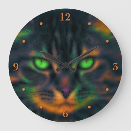 Blur Colorful Green Eyes Pop Art Pet Cat Large Clock