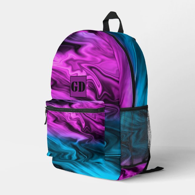 Blurred background fashionable crimson and blue   printed backpack (Back Corner Right)