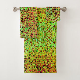 Blurred green and brown small squares or tiles bath towel set
