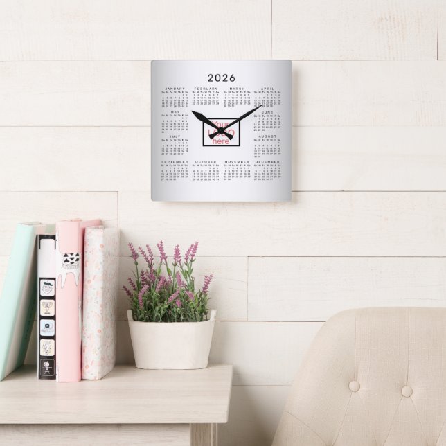 Blurred Grey Background Custom Logo 2026 Calendar Square Wall Clock (Reading Room)