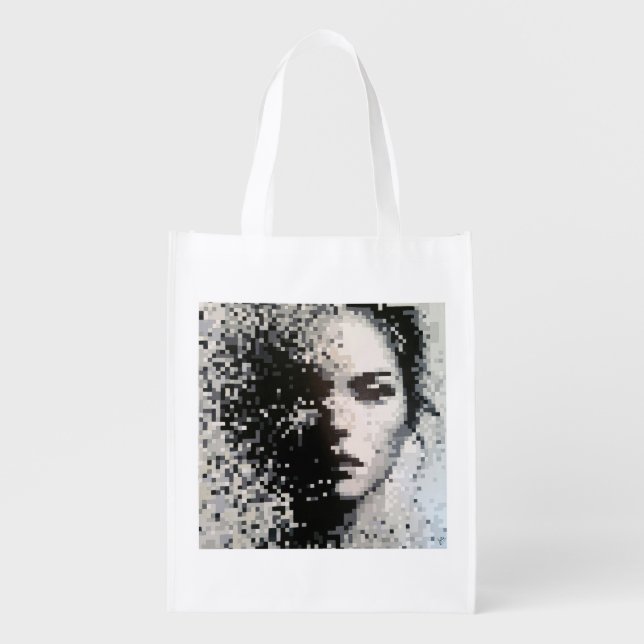 Blurred pixel art face in monochrome shades grocery bag (Front)