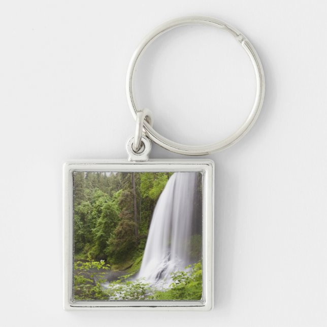 Blurred Waterfall and Forest View in Oregon Keychain (Front)