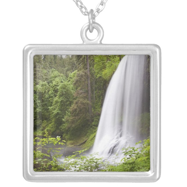 Blurred Waterfall and Forest View in Oregon Silver Plated Necklace (Front)