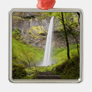 Blurred Waterfall around lush Greenery in Oregon Metal Ornament