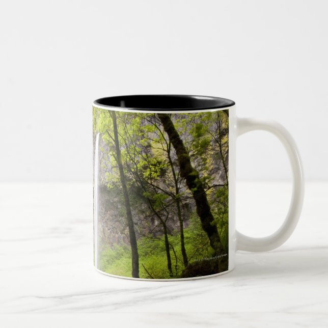 Blurred Waterfall around lush Greenery in Oregon Two-Tone Coffee Mug (Right)