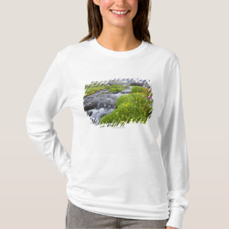 Blurry River with Yellow White Pink Wildflowers T-Shirt